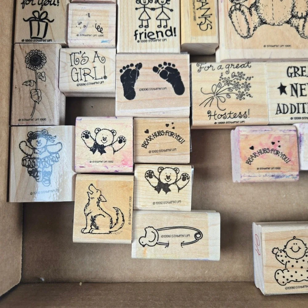 Vintage 1990s Stampin Up Wood Mounted Rubber Stamps Large Lot 50+ Retired
